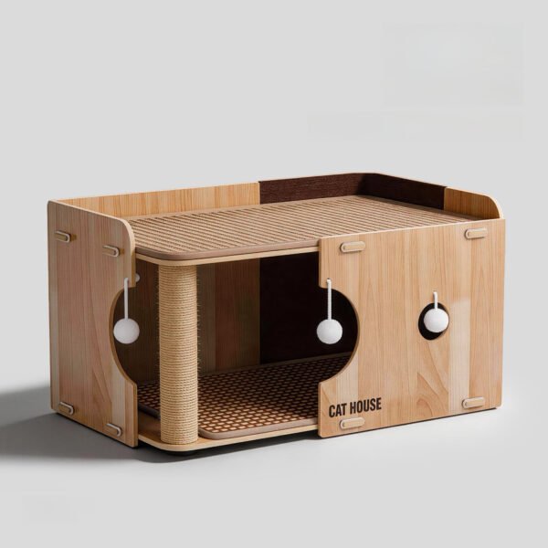 Wooden Cat Shelter with Play Area – Indoor Cat House & Activity Space