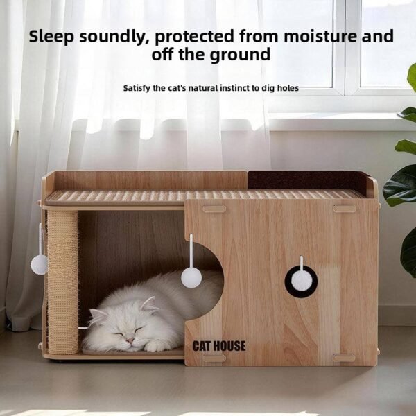 Wooden Cat Shelter with Play Area – Indoor Cat House & Activity Space