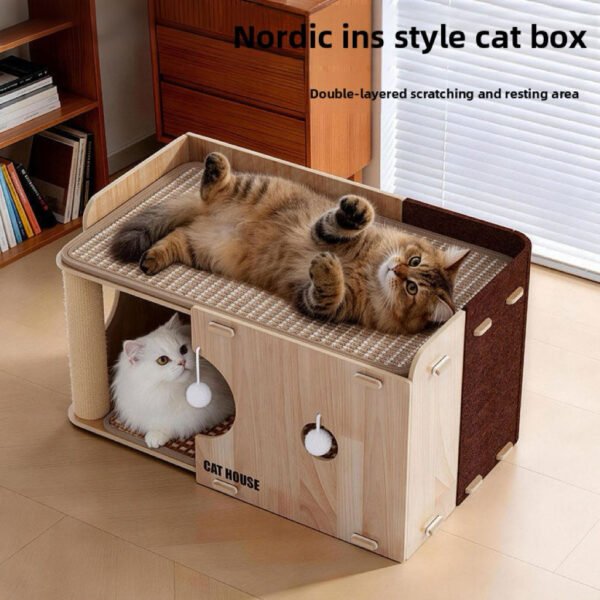 Wooden Cat Shelter with Play Area – Indoor Cat House & Activity Space